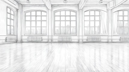 Empty loft space with large windows overlooking city