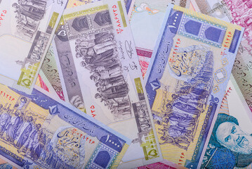 Iranian paper money, banknotes, rial currency for business and financial settlements. Iranian money
