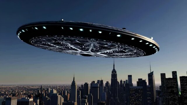 AI-generated video of a massive alien UFO hovering over New York City at sunset. This theoretical sci-fi scenario is ideal for alien invasion concepts, futuristic storytelling, or cinematic visualizat
