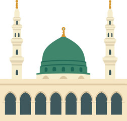 Minimalist flat illustration of Masjid Nabawi with green dome and twin minarets, perfect for Islamic content, educational use, or Eid Mubarak greeting designs.