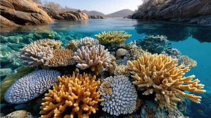 Vibrant coral reefs and serene islands create captivating views over the Great Barrier Reef in Australia during midday with clear blue waters and natural beauty