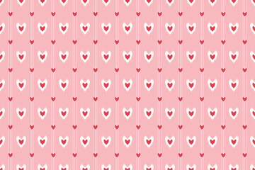 Seamless pink ikat background with heart and tribal details. Ideal for valentine decor, cute packaging, kids' projects, or romantic designs.