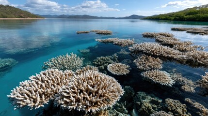 Vibrant coral reefs and serene islands create captivating views over the Great Barrier Reef in Australia during midday with clear blue waters and natural beauty