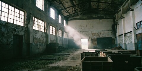 Sunbeams in Abandoned Factory Interior