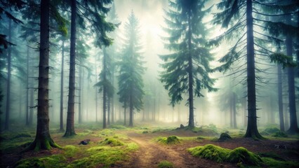 Obraz premium Mysterious Foggy Woodland with Ancient Fir Trees