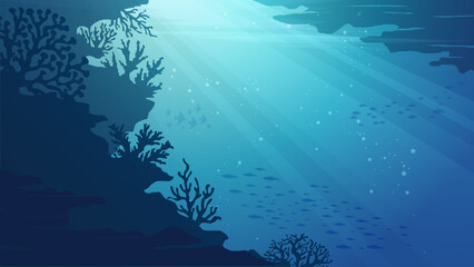 Ocean Underwater Background - Deep the sea scenery vector illustration banner with coral reef, fish and shinny blue water