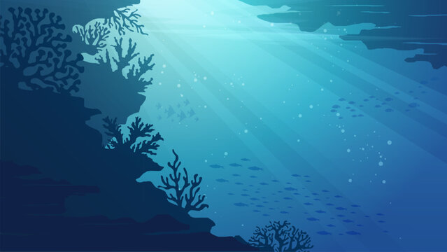 Ocean Underwater Background - Deep the sea scenery vector illustration banner with coral reef, fish and shinny blue water