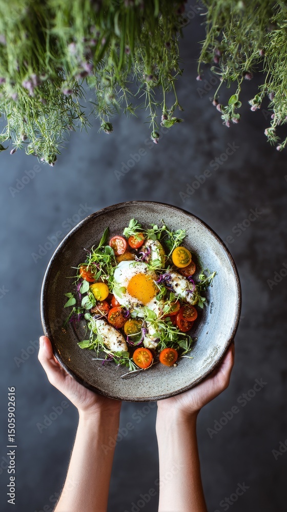 Poster fresh salad with poached egg served at a rustic table in a cozy dining environment.