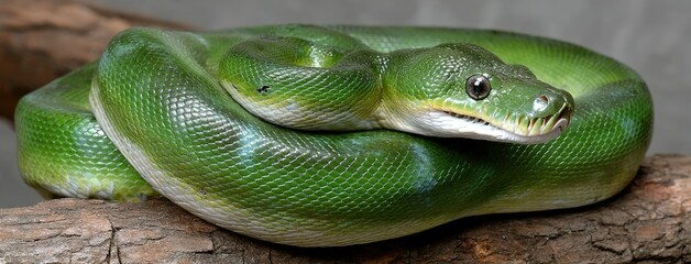 Coiled green snake resting elegantly on a cactus in a sunlit desert landscape surrounded by rocky terrain