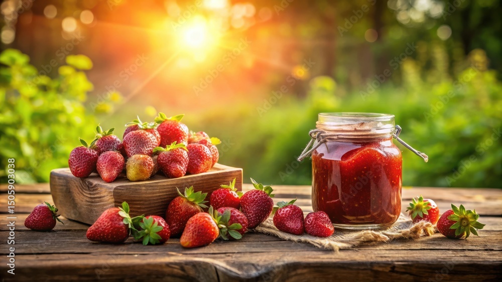 Poster a rustic wooden table displayed with a jar of homemade strawberry jam and fresh strawberries in the 