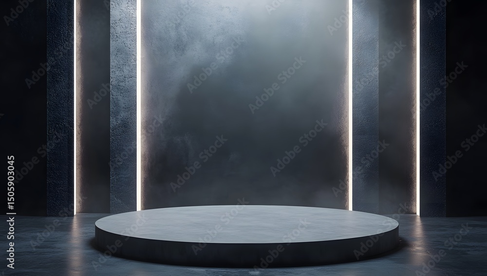 Poster 3d rendering of a futuristic, empty podium with led lighting in a dark room. the scene is set for a 