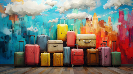 Colorful suitcases stacked against a vibrant cityscape mural.