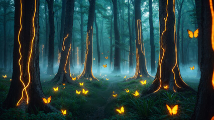 Surreal Neon Forest with Glowing Circuit Trees – Futuristic Digital Nature Artwork
