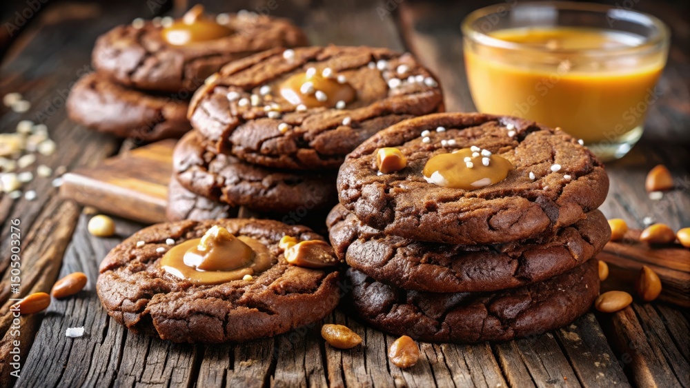Aufkleber chocolate cookies with caramel filling and sprinkles on a rustic wooden table