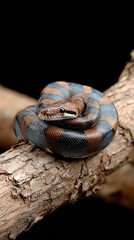 A stunning blue viper snake is elegantly coiled around a branch, striking a captivating pose amidst a softly blurred background
