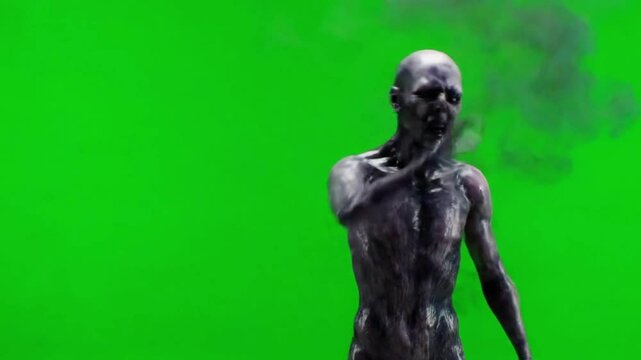 A terrifying zombie emerges from dark smoke against a vibrant green screen backdrop, perfect for horror and fantasy themed projects