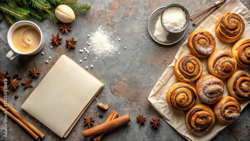 Poster a rustic background with a blank cookbook, coffee, spices, and cinnamon rolls, ready for your recipe