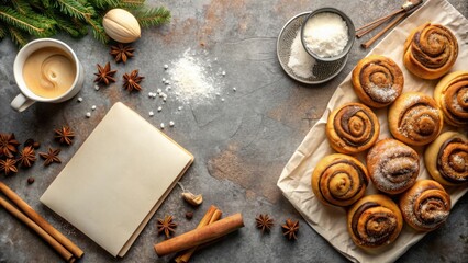 A rustic background with a blank cookbook, coffee, spices, and cinnamon rolls, ready for your recipe.