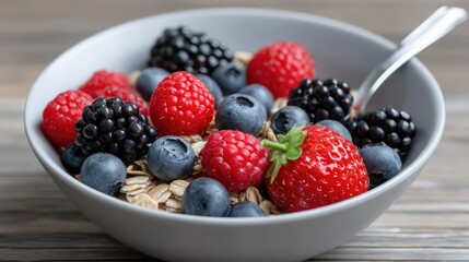 Colors and textures combine in a tantalizing fruit and granola bowl, creatively arranged for a delightful culinary experience