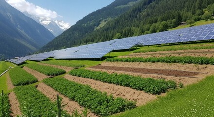 Mountainous Farm with Terraced Fields Growing Potatoes and Beans, Solar Panels Installed for Maximum Sunlight Absorption, Towering Snow-Capped Peaks, Dense Evergreen Forests, and a Clear Sky Backdrop