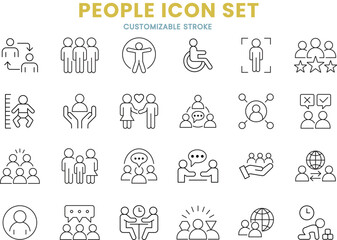 Fototapeta premium People icon set, community, group, family, team, person, baby, customizable stroke, vector, illustration