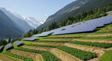 Mountainous Farm with Terraced Fields Growing Potatoes and Beans, Solar Panels Installed for Maximum Sunlight Absorption, Towering Snow-Capped Peaks, Dense Evergreen Forests, and a Clear Sky Backdrop