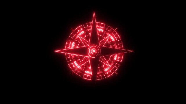 Glowing neon compass navigation guide illuminated against a dark black background