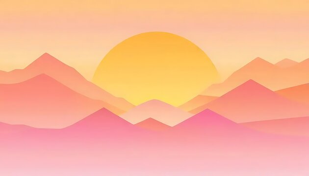 Warm sunset filters through pink and orange mountain layers in a serene, stylized vista.