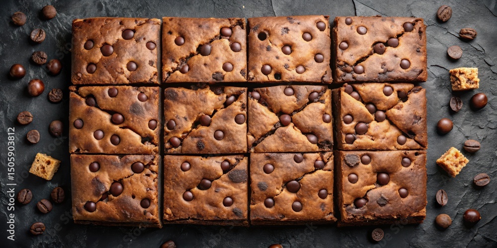 Poster a close-up shot of nine chocolate chip brownies arranged in a grid on a dark surface, surrounded by 