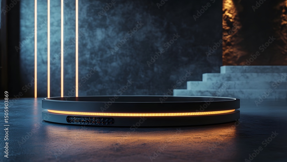 Poster 3d rendering of a futuristic, empty podium with led lighting in a dark room. the scene is set for a 