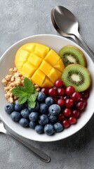 Colors and textures combine in a tantalizing fruit and granola bowl, creatively arranged for a delightful culinary experience