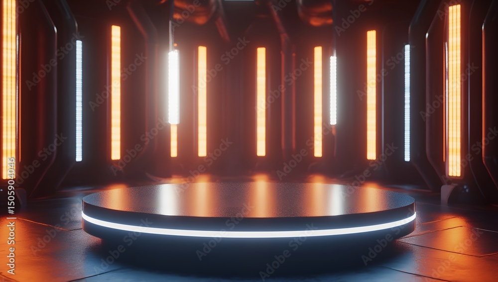 Poster 3d rendering of a futuristic, empty podium with led lighting in a dark room. the scene is set for a 