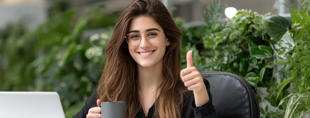 Beautiful woman with glasses gestures playfully while holding a coffee mug and working on a laptop in a bright, plant-filled environment