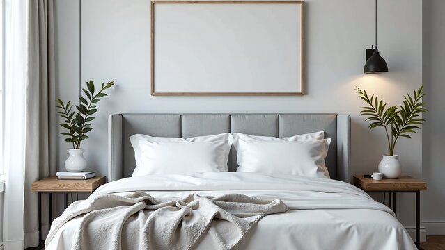 Grey upholstered bed, Modern bedroom interior, Soft headboard design, Elegant bedroom styling