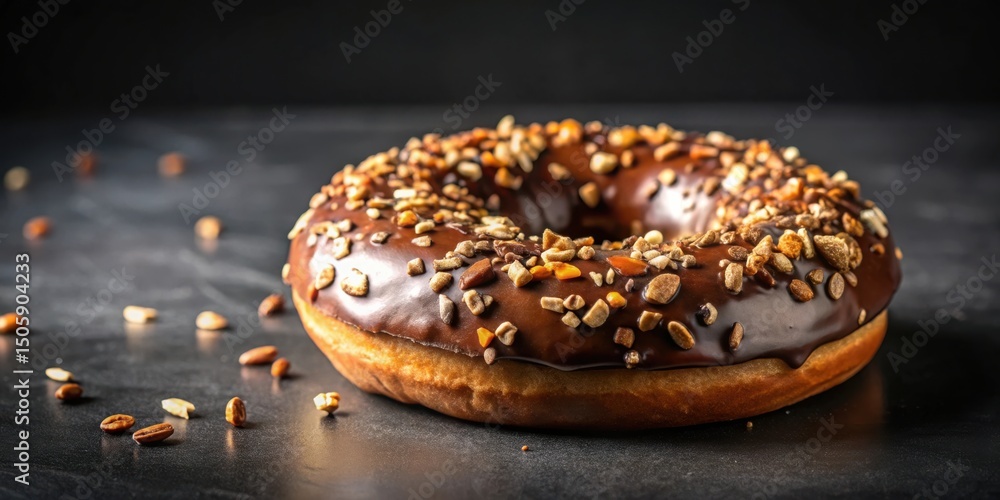 Poster a single chocolate glazed donut sprinkled with crunchy nuts and a hint of orange zest, resting on a 