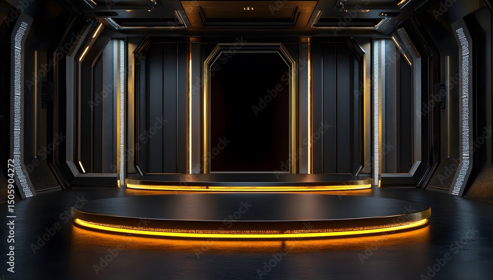 Poster 3d rendering of a futuristic, empty podium with led lighting in a dark room. the scene is set for a 