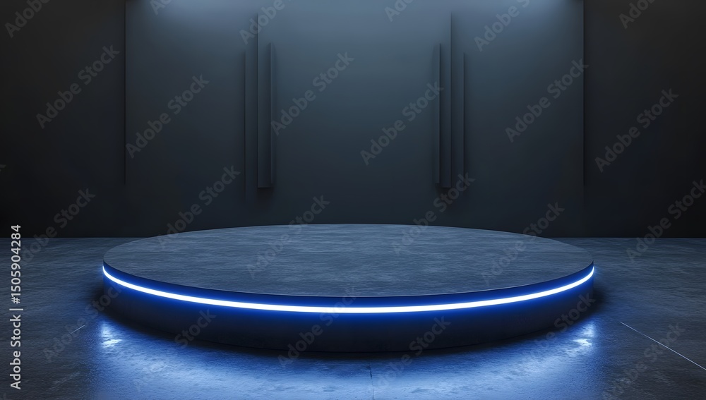 Poster 3d rendering of a futuristic, empty podium with led lighting in a dark room. the scene is set for a 