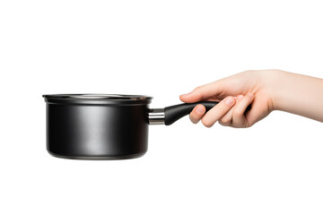  hand holding black pot isolated on white background