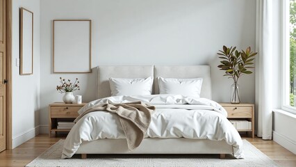 Minimalist bedroom design, White bed with soft headboard, Modern interior decor, Clean bedroom styling