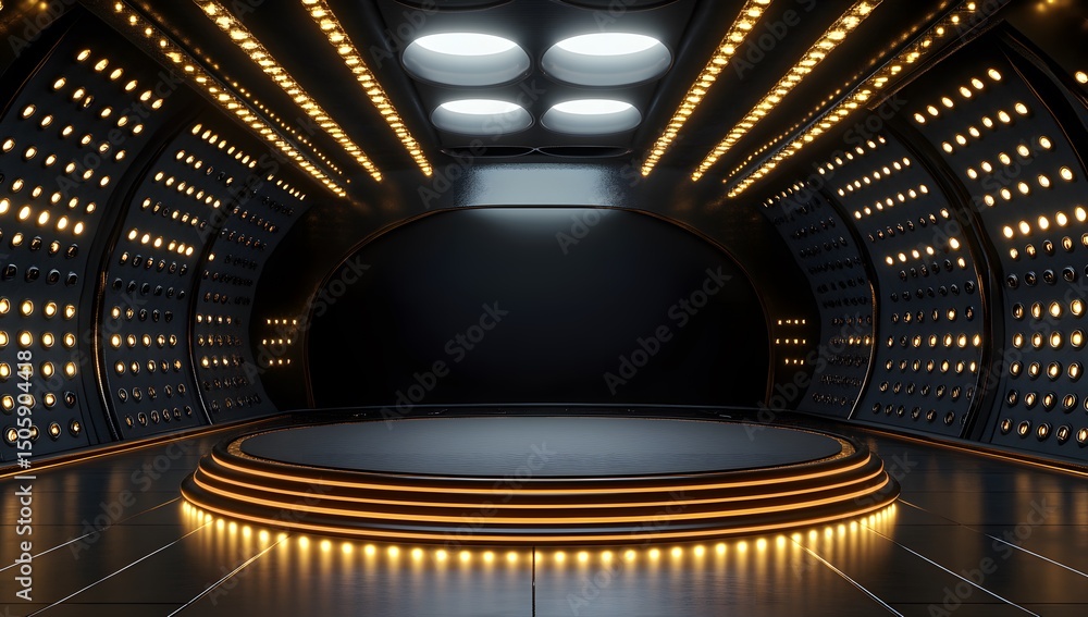 Poster 3d rendering of a futuristic, empty podium with led lighting in a dark room. the scene is set for a 