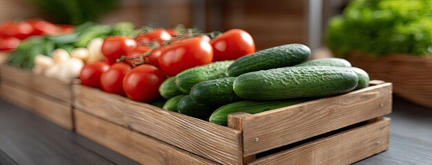 Vibrant display of fresh tomatoes and cucumbers on a bustling market stand amidst colorful fruits and vegetables in natural light