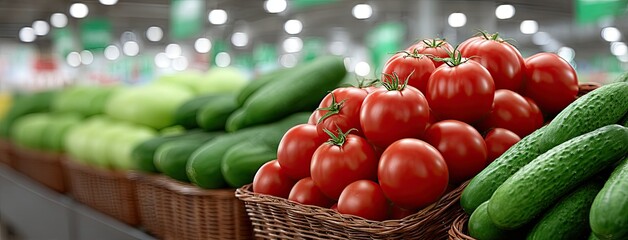 Vibrant display of fresh tomatoes and cucumbers on a bustling market stand amidst colorful fruits and vegetables in natural light