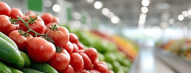 Vibrant display of fresh tomatoes and cucumbers on a bustling market stand amidst colorful fruits and vegetables in natural light