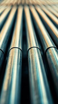 Dynamic perspective of parallel metal tubes in shifting light
