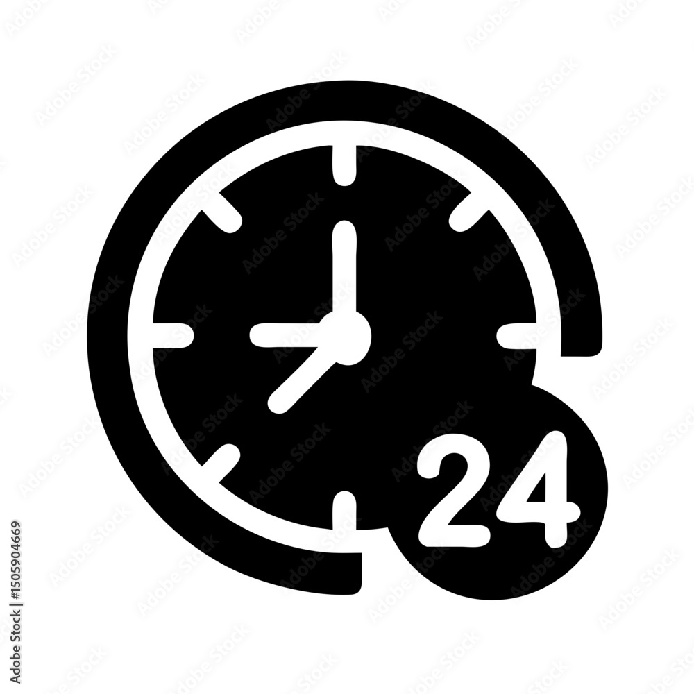 Poster silhouette 24 hour clock alert icon on transparent background for web and graphic design