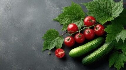 Vibrant display of fresh tomatoes and cucumbers on a bustling market stand amidst colorful fruits and vegetables in natural light