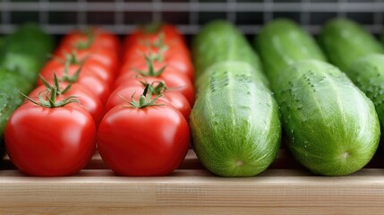 Vibrant display of fresh tomatoes and cucumbers on a bustling market stand amidst colorful fruits and vegetables in natural light
