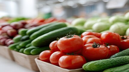 Vibrant display of fresh tomatoes and cucumbers on a bustling market stand amidst colorful fruits and vegetables in natural light