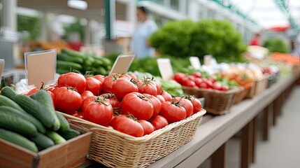 Vibrant display of fresh tomatoes and cucumbers on a bustling market stand amidst colorful fruits and vegetables in natural light