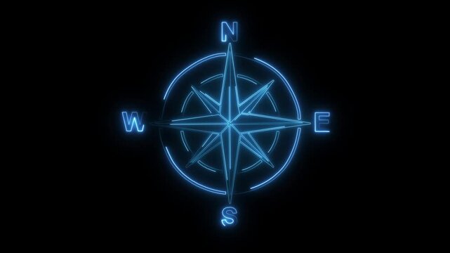 Animated compass glowing neon blue navigational guide on black background